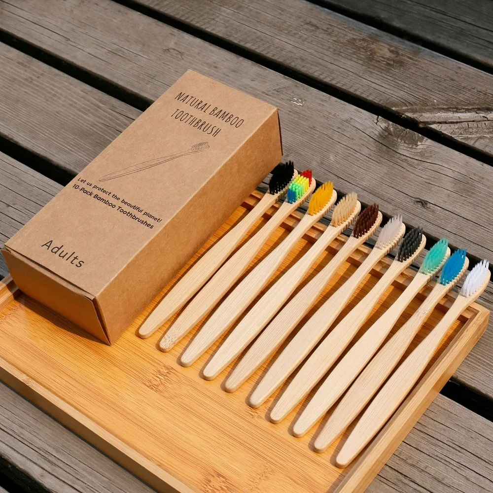 Bamboo Toothbrush Set - 10 adet renkli diş fırçası doğal