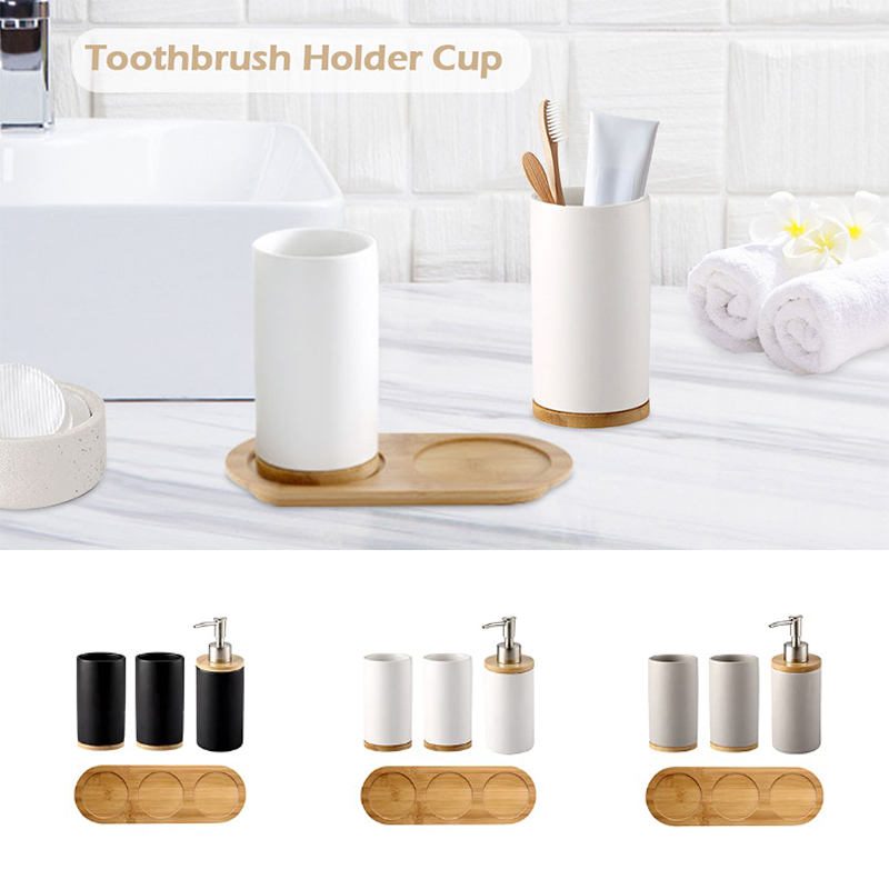 Bamboo Toothbrush Set - Seramik Banyo Seti İnce CeramicCup Sabunluk